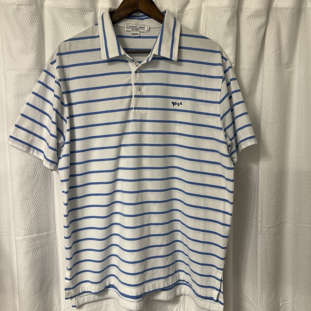 Coastal Cotton Striped Short Sleeve Performance 3 Button Polo Shirt Large EC